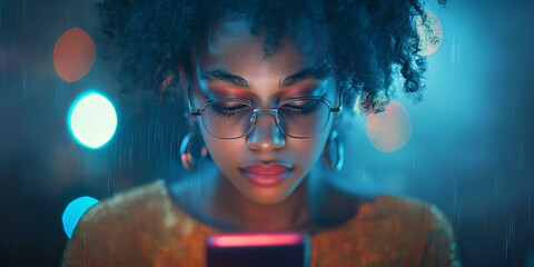 Young woman engaged with smartphone city street portrait photography rainy night close-up digital connection