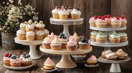 Delicious Cupcakes Arranged On Elegant Cake Stands