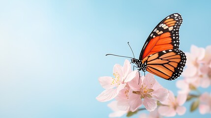 Obraz premium Watercolor animal butterfly in blooming cherry blossoms nature scene soft blue background