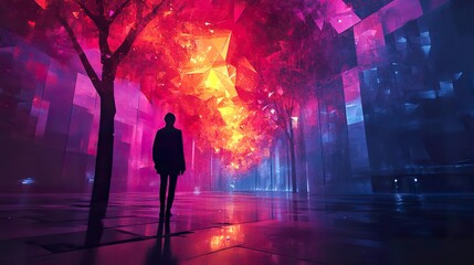 Fototapeta premium Silhouette Person Stands Beneath Neon Crystal Tree Cityscape