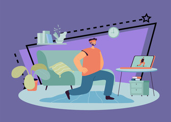 Man doing sport exercise on laptop online at home during lockdown because of coronavirus. Fit guy watching video or webinar doing virtual workout flat vector illustration. Training, self care concept
