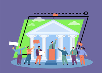 Male speaker giving political speech with government building in background. Minister of politics and parliament voting flat vector illustration. Freedom, public relations, democracy, election concept