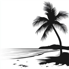 Silhouette of a palm tree by the tranquil beach at sunset.