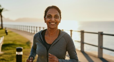 Energetic mature indian woman joyfully jogging by the ocean at sunset