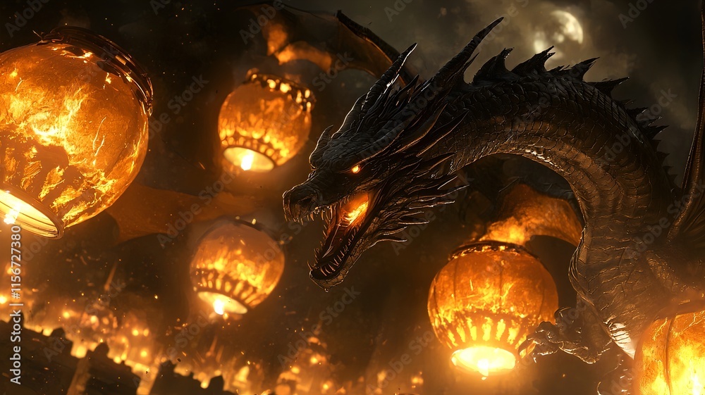 Poster mesmerizing 3d showcasing a captivating arrangement of lanterns and dragon patterns forming dynamic 