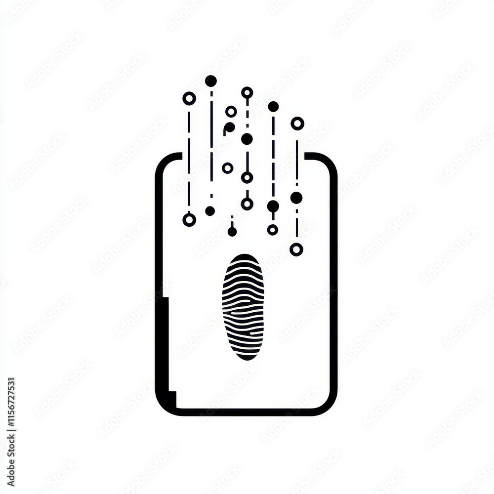 Poster abstract black and white illustration of a fingerprint with digital elements and coding patterns.