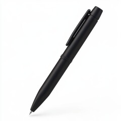 A sleek black ballpoint pen positioned elegantly on a white background.