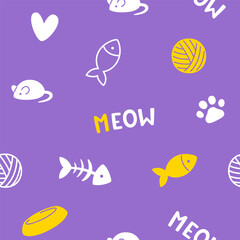Cat accessories doodle pattern. Seamless vector cartoon print for cats goods.