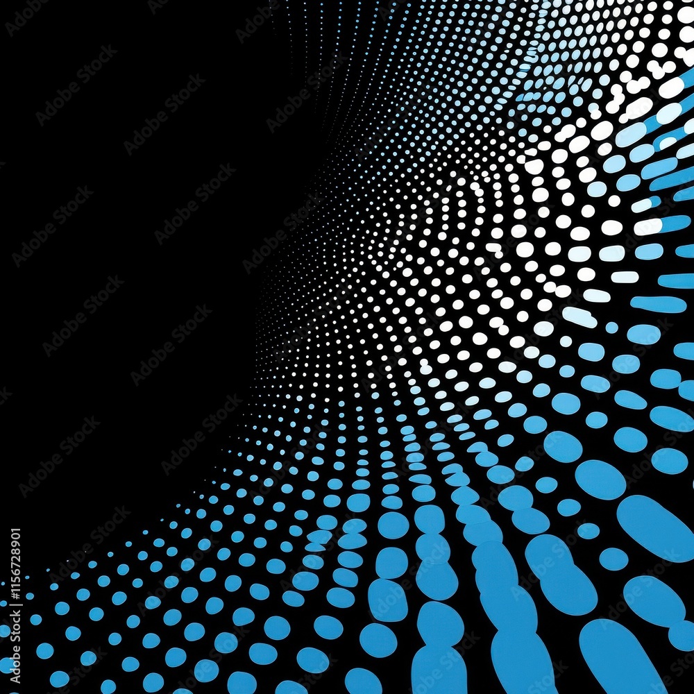 Poster dynamic abstract pattern in black and blue with a wave-like arrangement of dots, creating a sense of