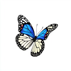 Fototapeta premium A vibrant blue and black butterfly with intricate patterns, showcasing its delicate wings against a clean white background.