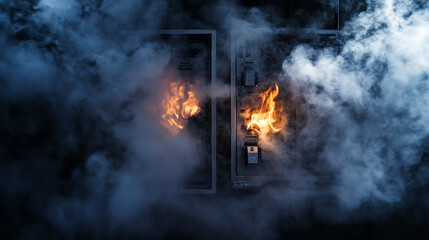 Fototapeta premium Electric panel blazing with fire, smoke swirling, showcasing the danger of electrical short circuits in a dramatic montage