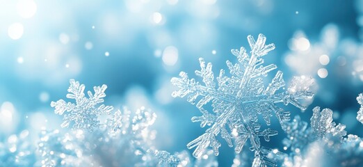 Beautiful Close-Up of Delicate Snowflakes on a Soft Blue Background with Sparkling Light Effects, Capturing the Essence of Winter and the Magic of Snowy Days