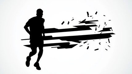 Obraz premium A powerful silhouette of a runner crossing the finish line, with faint patterns of confetti and glowing gradients emphasizing triumph and determination. 