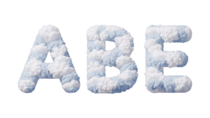 Creative A B E Alphabet Design Made of Fluffy White Clouds on Transparent Background.