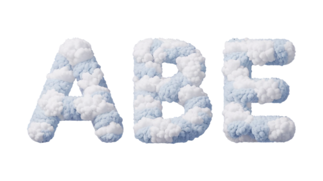 Creative A B E Alphabet Design Made of Fluffy White Clouds on Transparent Background.