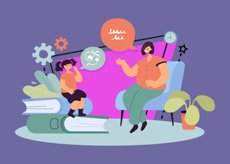 Narrative speech therapist and her little client articulating. Cartoon speech-language pathologist having therapy session with female child flat vector illustration. Basic language skills concept