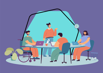 Person in wheelchair talking to colleagues at workplace. Group of office workers sitting at table, man with disability flat vector illustration. Accessibility, inclusion concept for banner