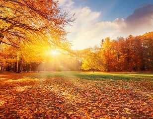 Autumn forest background. Vibrant color tree, red orange foliage in fall park. Nature change Yellow leaves in october season Sun up in blue heart shape sky Sunny day weather, bright light banner frame