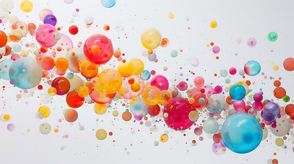 A swirling cloud of colorful spheres suspended in mid-air against a soft white backdrop