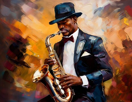 Stylish jazz band playing music on the scene, background is brown. Palette knife technique of oil painting and brush. .The jazzman plays the sexophone.