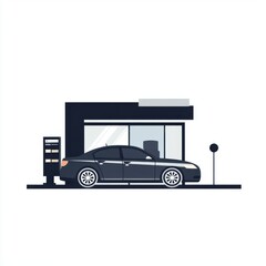A sleek black sedan parked in front of a modern drive-thru service area, showcasing contemporary design.