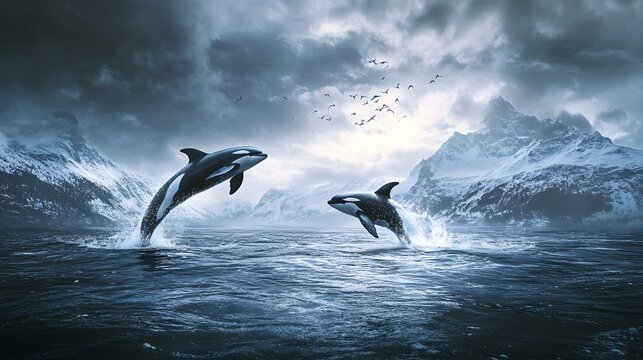 Orcas leaping in icy waters near majestic mountains