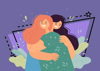 Two happy female cartoon friends hugging. Woman showing affection by putting arms around friend flat vector illustration. Love, friendship, communication concept for banner or landing web page