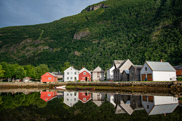 Traditional Norwegian wooden houses in the picturesque village of L&aelig;rdals&oslash;yri, which is the administrative center of L&aelig;rdal Municipality in Vestland County, Norway.