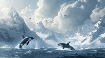 Fototapeta premium Orcas Leap in Snowy Mountain Seascape