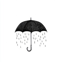 A simple hand-drawn black umbrella surrounded by falling raindrops, creating a soothing and calm atmosphere.