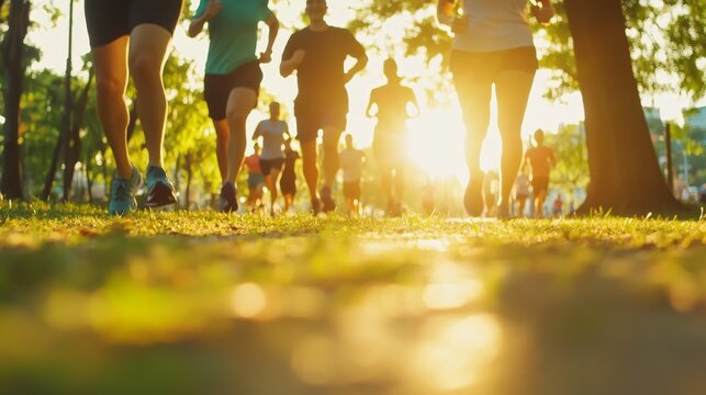 A fitness group runs together in the sunlit park, highlighting their strong sense of community