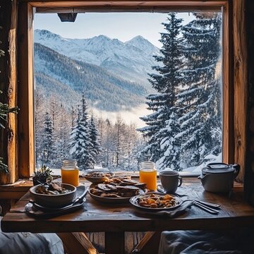Cozy winter breakfast with mountain view in a cabin surrounded by snow