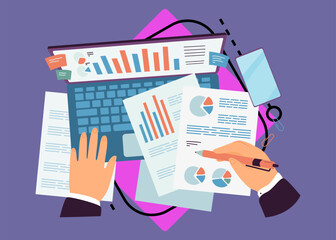 Audit research of business documents by accountant analyst. Hands of office worker analyzing report charts, studying with laptop flat vector illustration. Paperwork, analytic technology concept