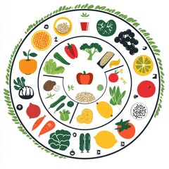 Colorful and vibrant circular illustration of assorted fruits and vegetables, showcasing a healthy lifestyle.