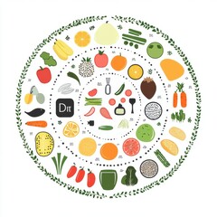 Colorful circular chart of various fruits and vegetables, showcasing healthy eating and nutrition.