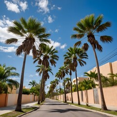 Fototapeta premium Tranquil Street with a Row of Mexican Fan Palms Under Clear Skies