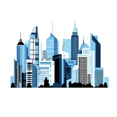 Fototapeta premium Stylized city skyline illustration featuring tall buildings in shades of blue and black.