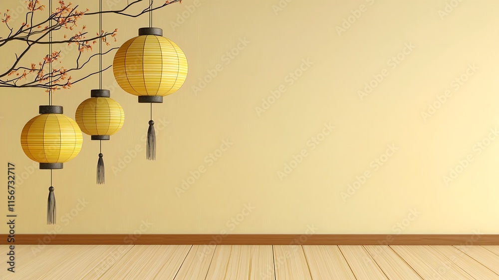 Poster serene and minimalist 3d featuring a lantern filled scene with an open text field and elegant backdr