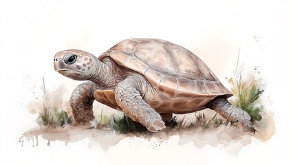 Obraz premium Watercolor animal turtle crawling across grass nature scene realistic art close-up view
