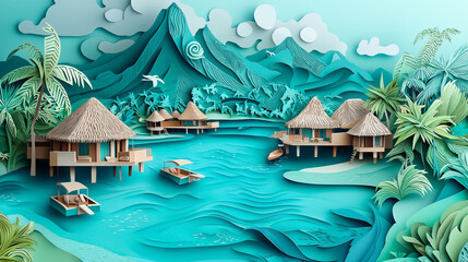 Obraz premium Illustration en art de papier de Bora Bora dans toute sa splendeur tropicale