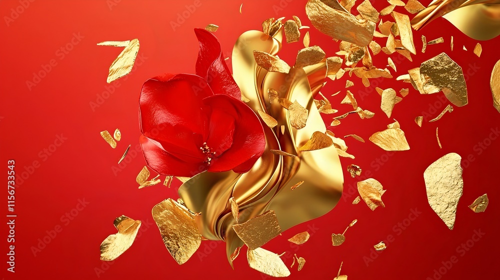 Poster captivating abstract 3d featuring dynamic swirls of glowing red and gold particles creating a mesmer