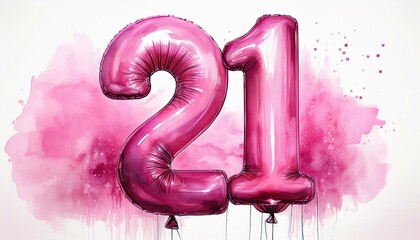 Pink birthday / anniversary balloon, number 21, watercolor painting with white background