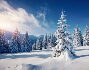 Fototapeta premium Majestic white spruces glowing by sunlight. Picturesque and gorgeous wintry scene. Location place Carpathian national park, Ukraine, Europe. Alps ski resort. Blue toning. Happy New Year! Beauty world.