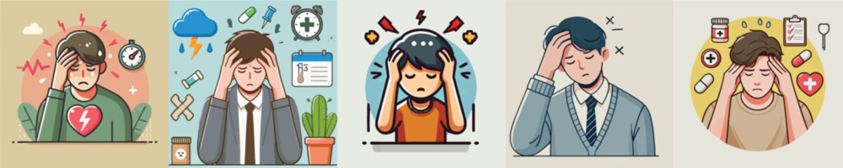 Vector collection of characters holding their heads because they have a headache