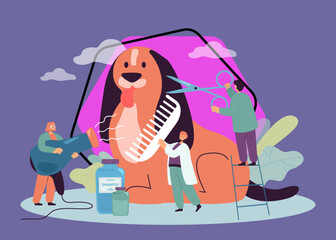 Team of tiny barbers making haircut to animal in grooming salon. Male and female groomers holding comb, scissors and hair dryer flat vector illustration. Dog care service, grooming, hygiene concept