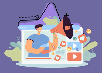 Seo manager attracting attention of customers in viral video. Advertising campaign from man using megaphone and magnet flat vector illustration. Influence, promotion, digital marketing concept