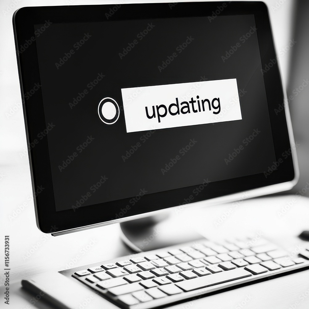 Poster a modern computer display showing an 'updating' progress screen with a sleek keyboard in a minimalis