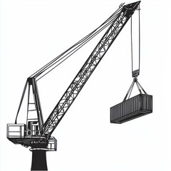 Industrial crane lifting a shipping container against a minimalist background.