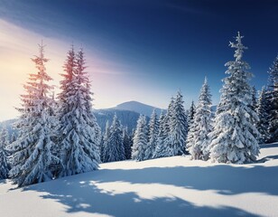 Majestic white spruces glowing by sunlight. Picturesque and gorgeous wintry scene. Location place Carpathian national park, Ukraine, Europe. Alps ski resort. Blue toning. Happy New Year! Beauty world.