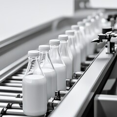 A close-up view of milk bottles on a production line, highlighting the efficiency of the dairy processing industry.